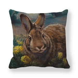 Detailed texture of linen pillowcase with realistic oil painting rabbit and yellow flowers