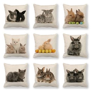 Easter Bunny Linen Throw Pillow Case Vintage Decorative Cushion Cover With Rabbit Eggs Print For Home Living Room Bedroom Decor