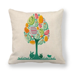 Linen Easter pillowcase featuring colorful egg tree and rabbit silhouettes on white