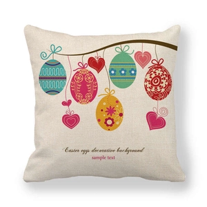 Easter linen pillowcase with colorful hanging eggs and vintage tree branch pattern