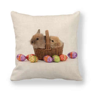 Linen Easter throw pillow cover with vintage bunny and colorful eggs on white background