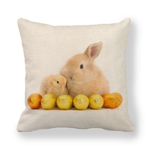 Square linen Easter pillow cover with bunny, chick and golden eggs on white background