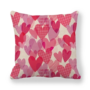 Detailed texture of linen pillowcase with romantic colorful heart patterns and red prints