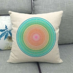 Detailed texture of linen throw pillow case featuring colorful circular geometric pattern