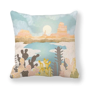 Detailed texture of peach skin fabric with modern desert sun and cactus illustration