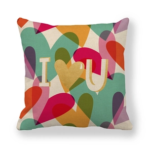 Linen Valentine heart pillowcase with colorful overlapping patterns and gold I Love U print