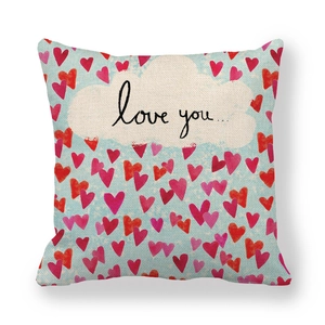 Linen Valentine's Day pillow cover with love heart pattern and handwritten text