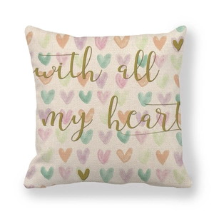 Linen pillow cover with colorful hearts and with all my heart gold script text