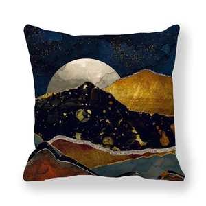 Modern abstract marble pillowcase with golden mountain and moon art on peach skin fabric