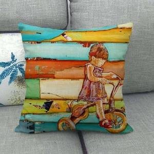 Detailed texture of linen cushion cover with hand-painted girl on a bicycle illustration