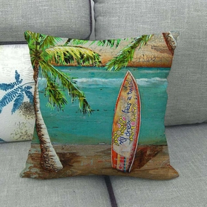 Macro detail of the woven linen texture and retro surf print on the decorative pillowcase