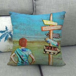 Artistic painted car series linen pillowcase on grey sofa with travel road sign design