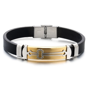 Men's cross silicone bracelet with gold and silver stainless steel geometric design