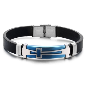 Men's stainless steel cross bracelet with black silicone strap and blue metal plate