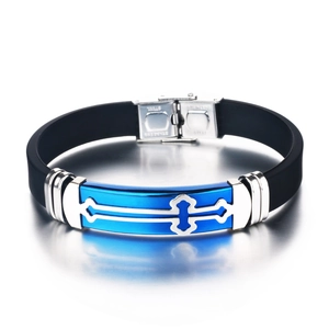 Men Bracelet Religious Cross Stainless Steel Plate And Black Silicone Strap Adjustable Casual Sporty Fashion Jewelry