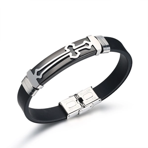Men's cross bracelet with black silicone strap and stainless steel polished accent