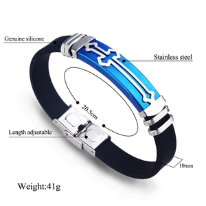 Men's adjustable cross bracelet in blue and silver stainless steel with black silicone