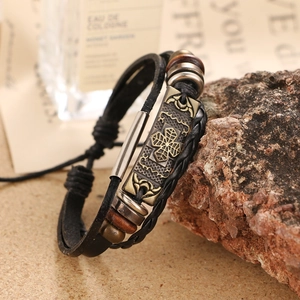 Vintage Mehrlagiges Geflochtenes Echtleder Armband Legierung Kreuz Blumen Muster Verstellbar Herren Damen Mode Schmuck