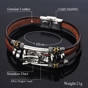 Close-up of dragon head leather bracelet showing 22cm circumference and size details
