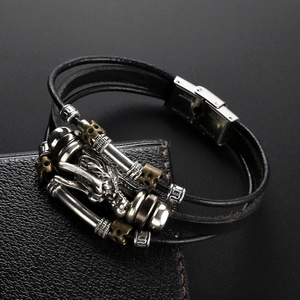 Men's retro multilayer black leather bracelet featuring a silver dragon head metal charm
