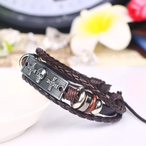 Retro punk multi-layer woven leather skull bracelet with metallic cross and wooden beads