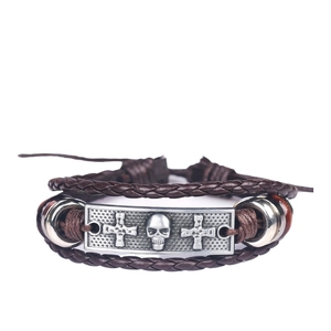 Brown braided leather skull bracelet with silver cross pendant and metal beads