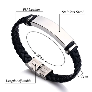 Bracelet pour homme en cuir tressé noir avec fermoir ajustable en acier inoxydable