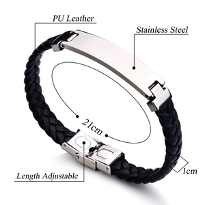 Detail view of woven leather bracelet with 21cm length and adjustable steel clasp