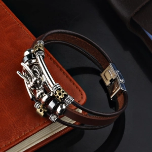 Dragon Head Leather Bracelet Multi Layer Braided Genuine Leather Alloy Stainless Steel Clasp Retro Punk Jewelry Men