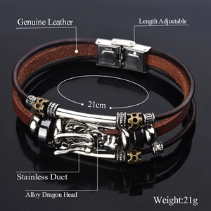 Retro multi-layer leather bracelet with alloy dragon head and adjustable stainless steel clasp
