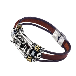 Retro multi-layer brown leather bracelet with silver dragon head and steel buckle