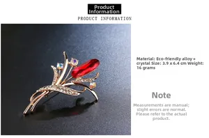 Macro detail of red crystal flower brooch with rhinestone inlaid leaves and size info