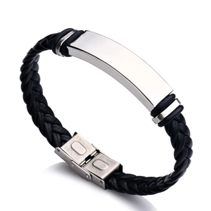 Bracelet Homme En Cuir PU Tressé Avec Plaque En Acier Inoxydable Polie Bijoux De Mode Décontractés Ajustables