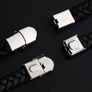 Braided black leather bracelet for men with polished stainless steel magnetic clasp