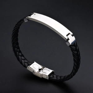 Men's vintage braided cord bracelet with silver stainless steel plaque and metal clasp