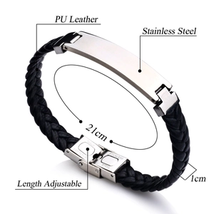 Men's retro braided black PU leather and stainless steel tag bracelet with adjustable clasp