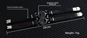 Detail view of leather woven bracelet with stainless steel Yin Yang charm, 20cm length