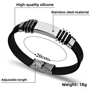Detail view of adjustable 20cm men's silicone bracelet with stainless steel metal buckle
