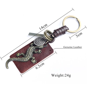 Detailed view of handmade leather lizard keychain with bronze lizard motif and dimensions