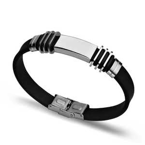 Men Fashion Stainless Steel Silicone Bracelet Adjustable Black Rubber Bangle With Metal Plate Folding Clasp Jewelry Gift