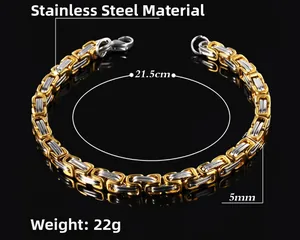 Macro detail of 21.5cm bicolored Byzantine stainless steel chain with size specs