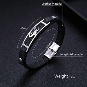 Men's black leather bracelet with stainless steel scorpion charm and adjustable clasp