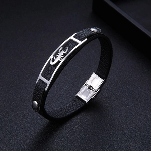Men's black leather scorpion bracelet with a polished stainless steel metal charm