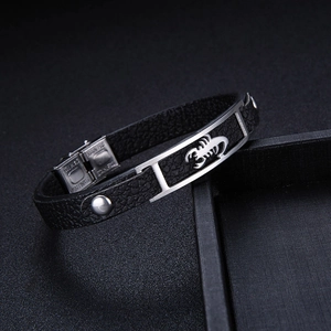 Men's punk leather bracelet featuring a silver stainless steel scorpion charm and clasp