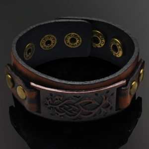 Vintage brown leather punk bracelet with Celtic knot metal plate and bronze snap buttons