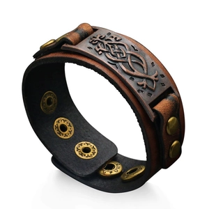 Punk brown leather wristband with Celtic metal plate and adjustable bronze snap closure