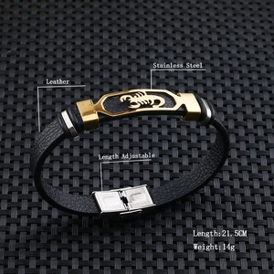 Detail of men's leather scorpion bracelet showing 21.5cm length and adjustable buckle