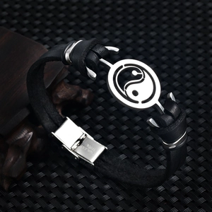 Vintage Yin Yang Tai Chi Stainless Steel Genuine Leather Bracelet For Men Women Ethnic Retro Jewelry Gift Black Brown