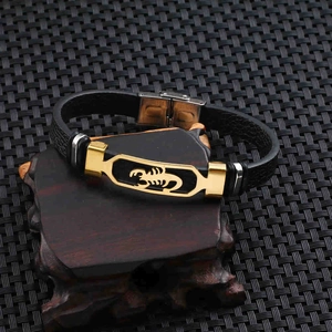 Men's black braided leather bracelet with golden stainless steel Scorpio charm