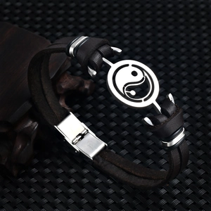 Vintage Yin Yang stainless steel leather bracelet for men with Tai Chi charm